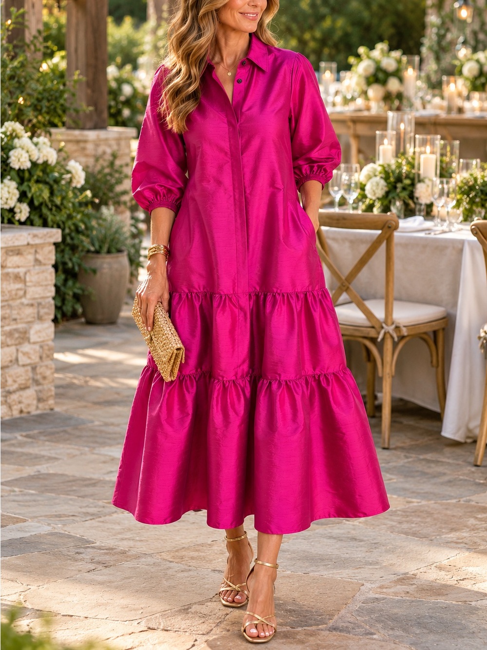 Ann Mashburn Jewel tone Fuchsia 100% Silk Isla Tiered Shirtdress Midi Dress M